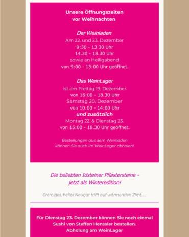Öff­nungs­zei­ten vor Weih­nach­ten